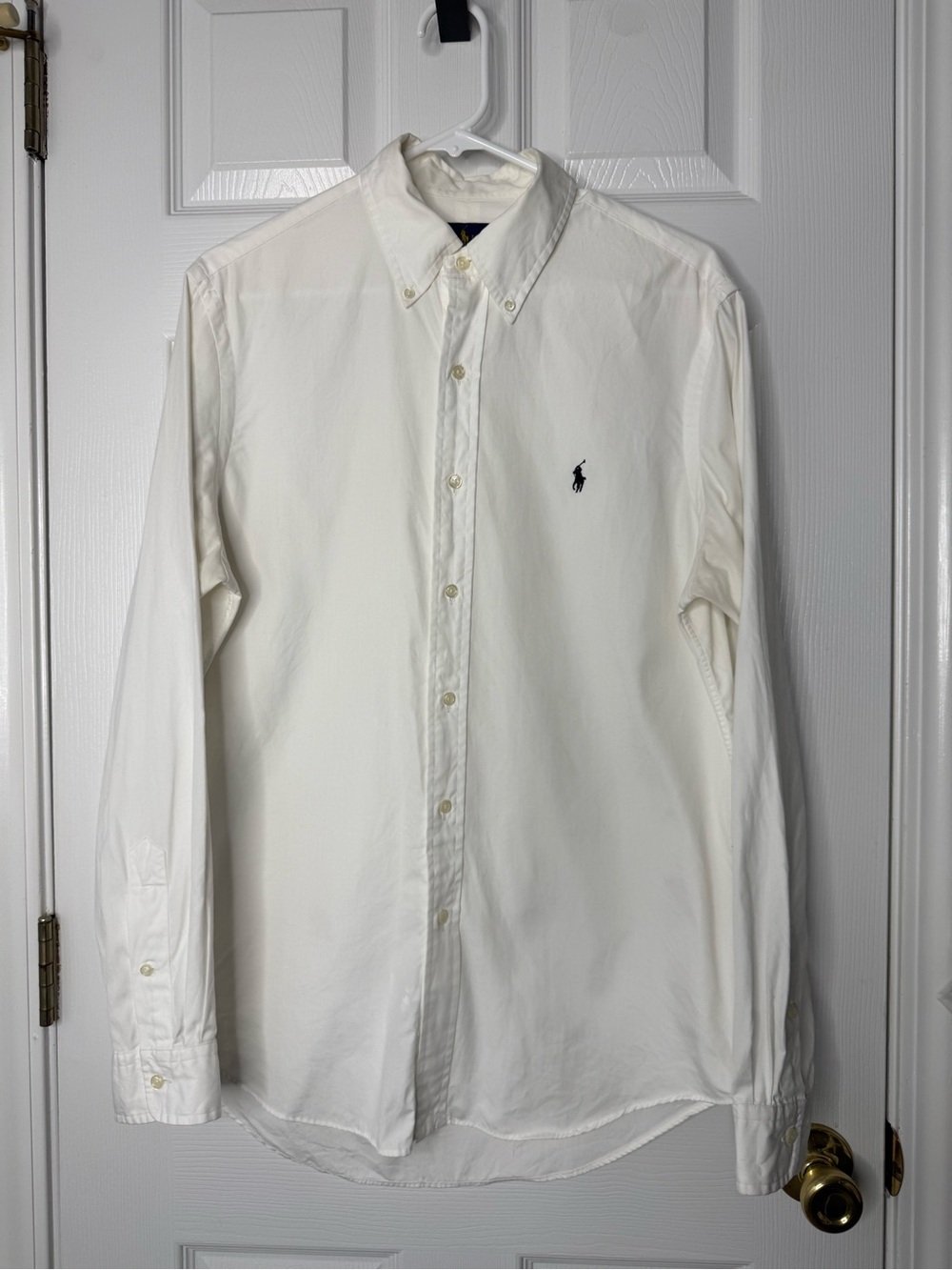 RALPH LAUREN Button-Down Shirt Men's Medium White Cotton Navy Blue Pony Classic